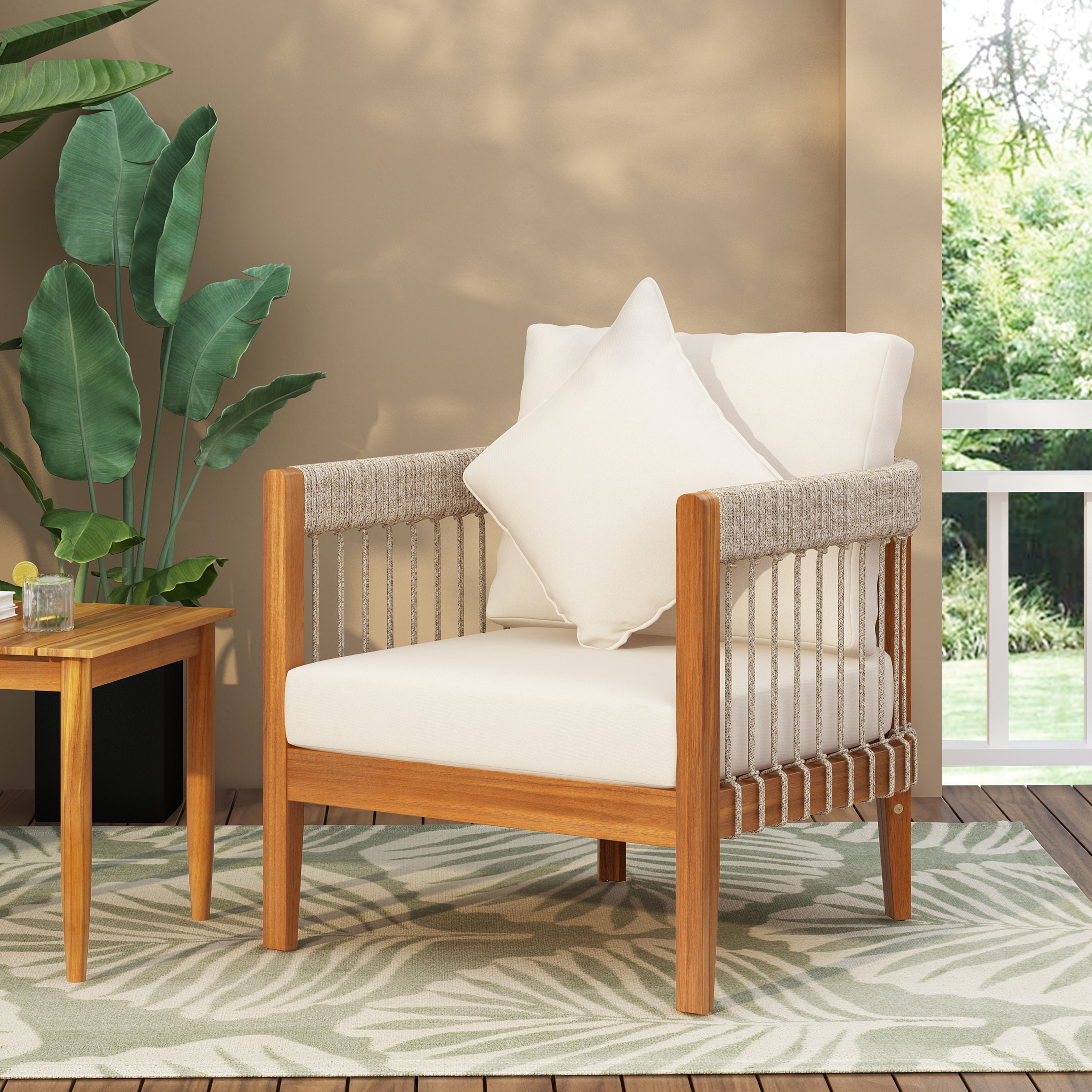 Azari Outdoor Acacia Wood Club Chair with Handwoven Rope Accents & Curved Backrest