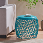 Coveted 19.75" Outdoor Cylindrical Iron Side Table with Lattice Design