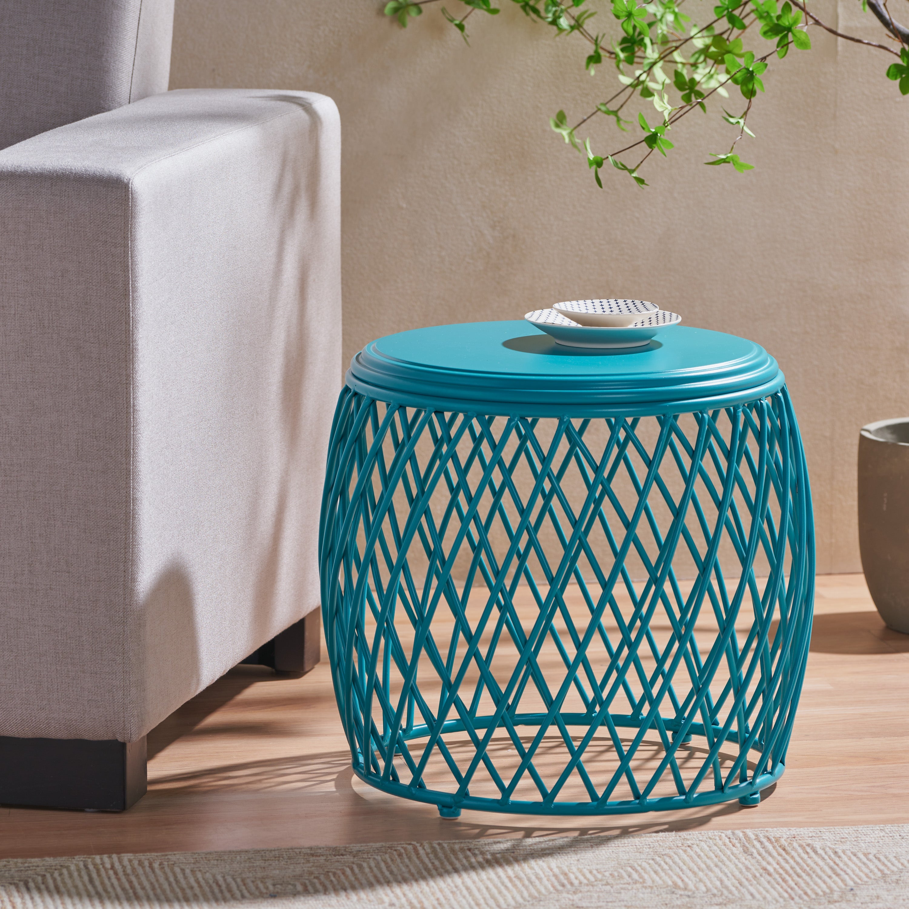 Coveted 19.75" Outdoor Cylindrical Iron Side Table with Lattice Design