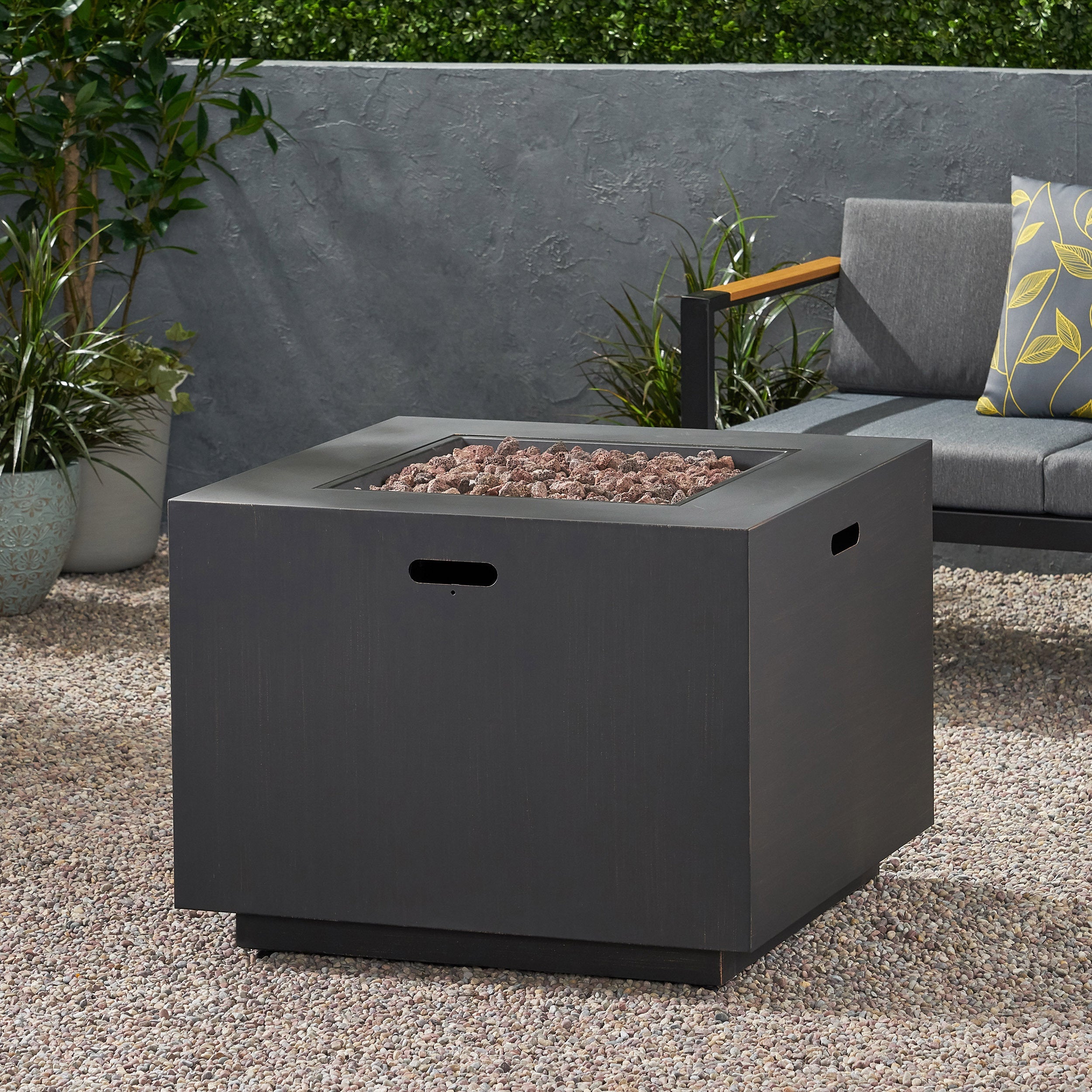 33" Outdoor Iron Square Propane Fire Pit, Tank Inside, 50,000 BTU