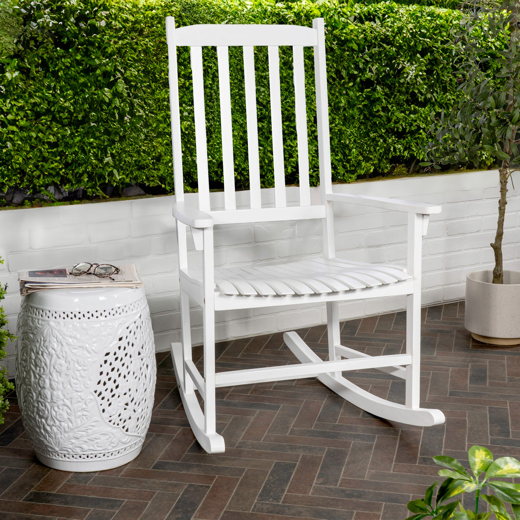 Seagrove Slat-Back Acacia Wood Outdoor Rocking Chair, White