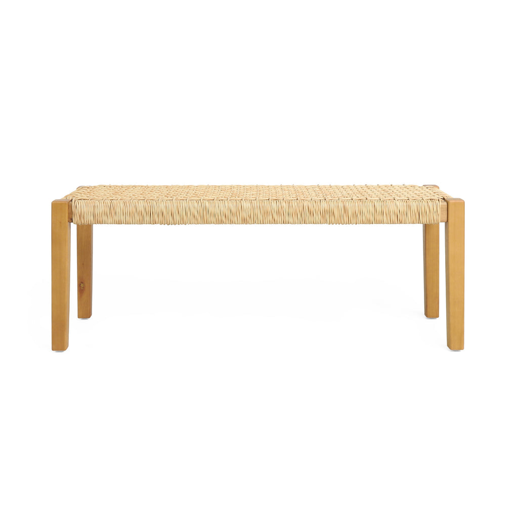 Outdoor Bench with Faux Rattan Seat and Wood Frame