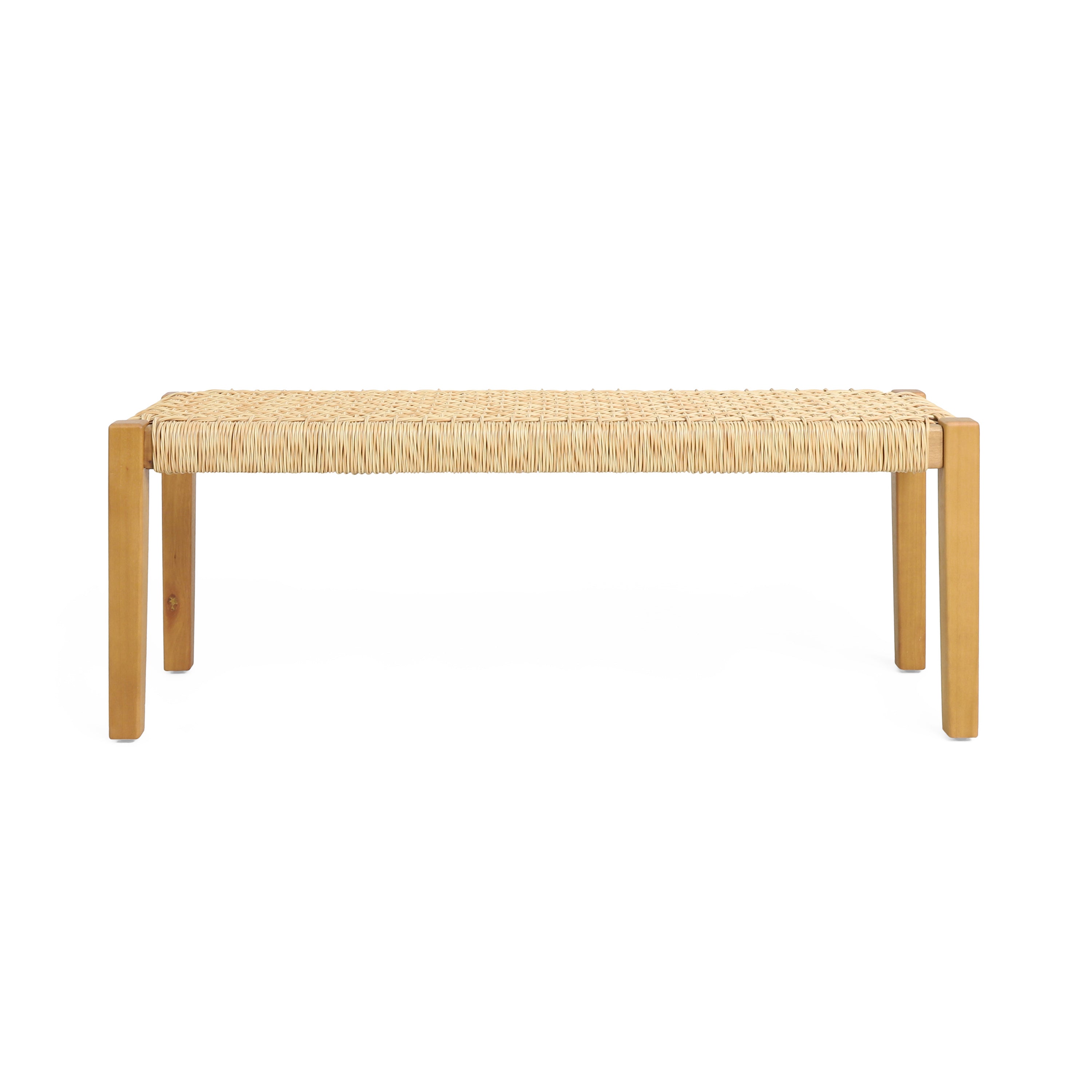 Outdoor Bench with Faux Rattan Seat and Wood Frame