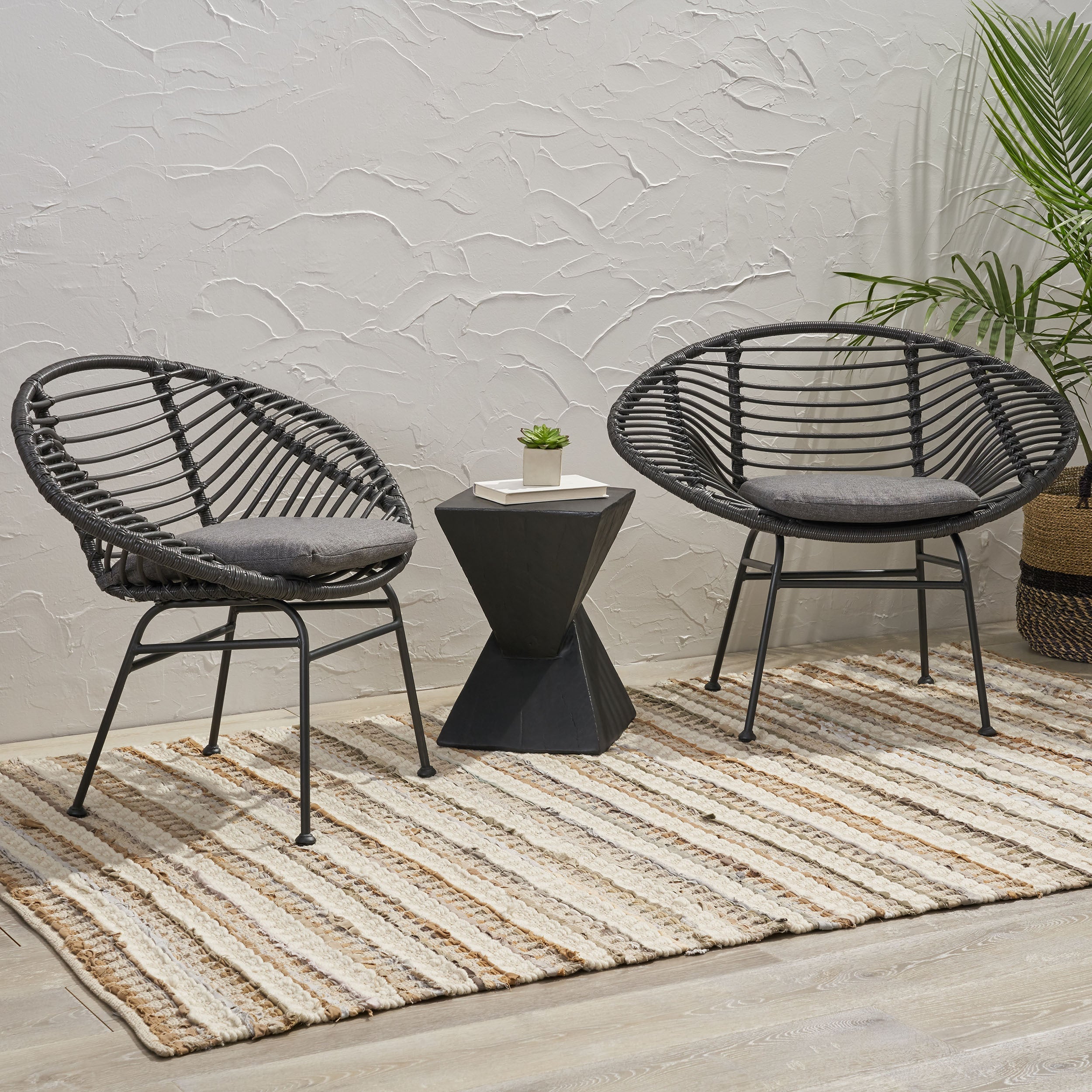 Cordella Outdoor Woven Wicker Chairs with Cushions, Set of 2