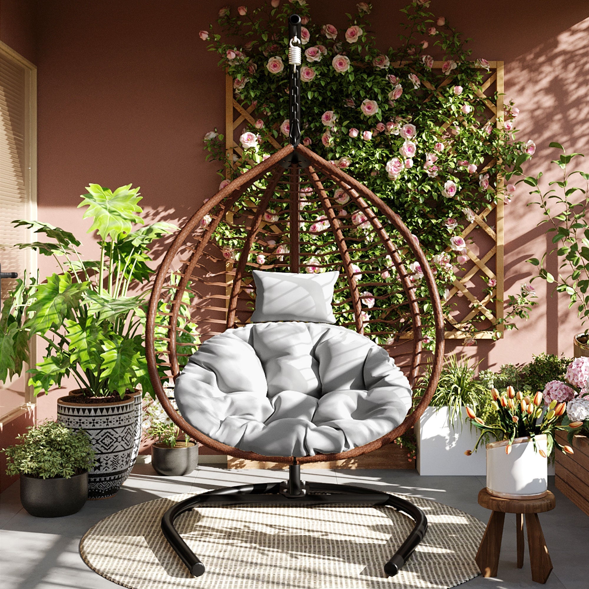 Foldable Rattan Egg Swing Chair with Iron Frame, Plush Cushion & Removable Headrest