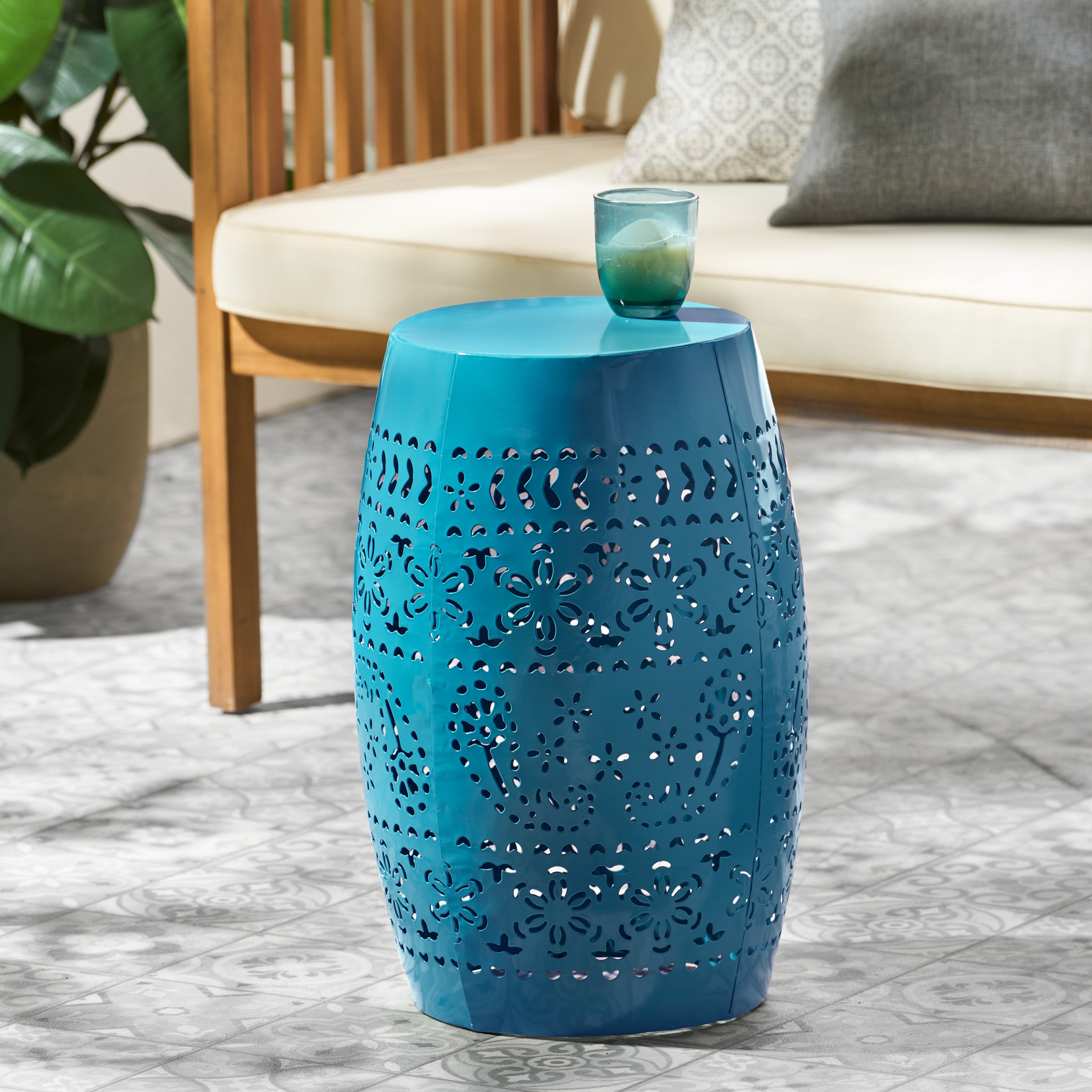Ruby Outdoor Metal Lace Cutout Accent Table