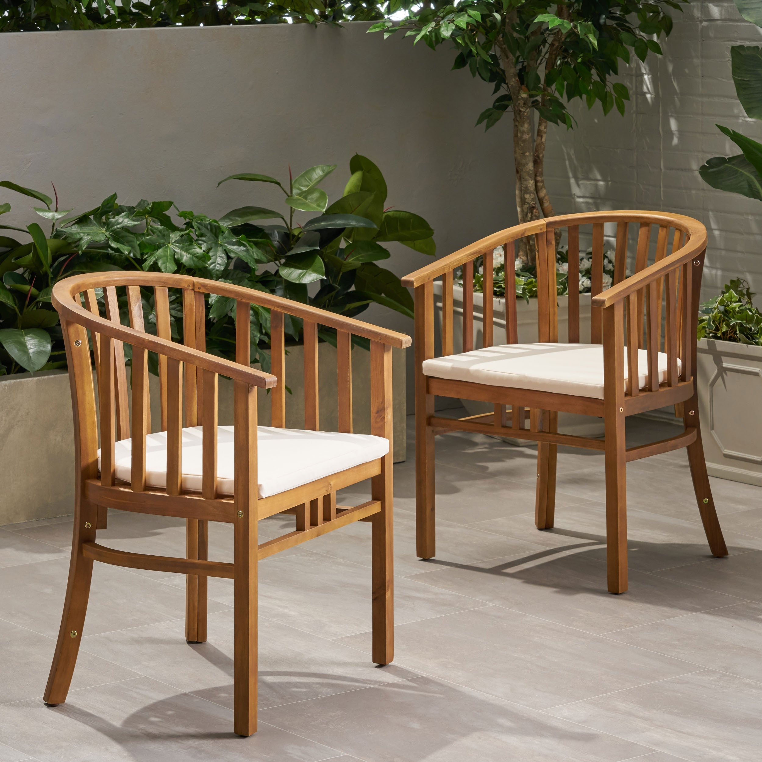 Venerable Outdoor Dining Chair with Slatted Back and Cushion Seat, Set of 2