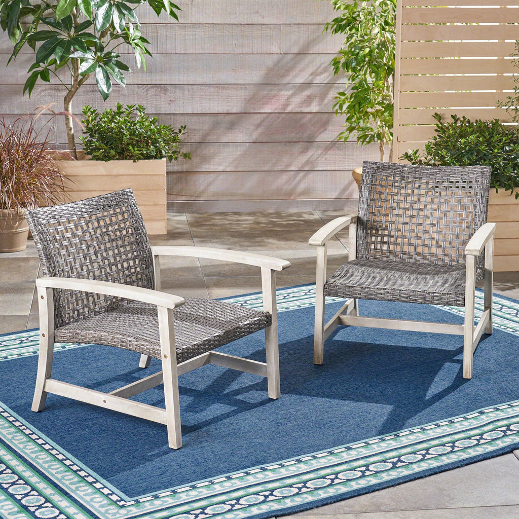 Hampton Outdoor Rattan & Acacia Wood Wicker Club Chairs, Set of 2