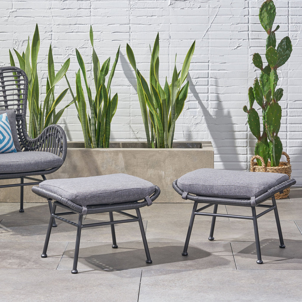 Cordella Outdoor Modern Boho Wicker Ottoman with Cushions, Set of 2