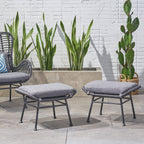 Cordella Outdoor Modern Boho Wicker Ottoman with Cushions, Set of 2