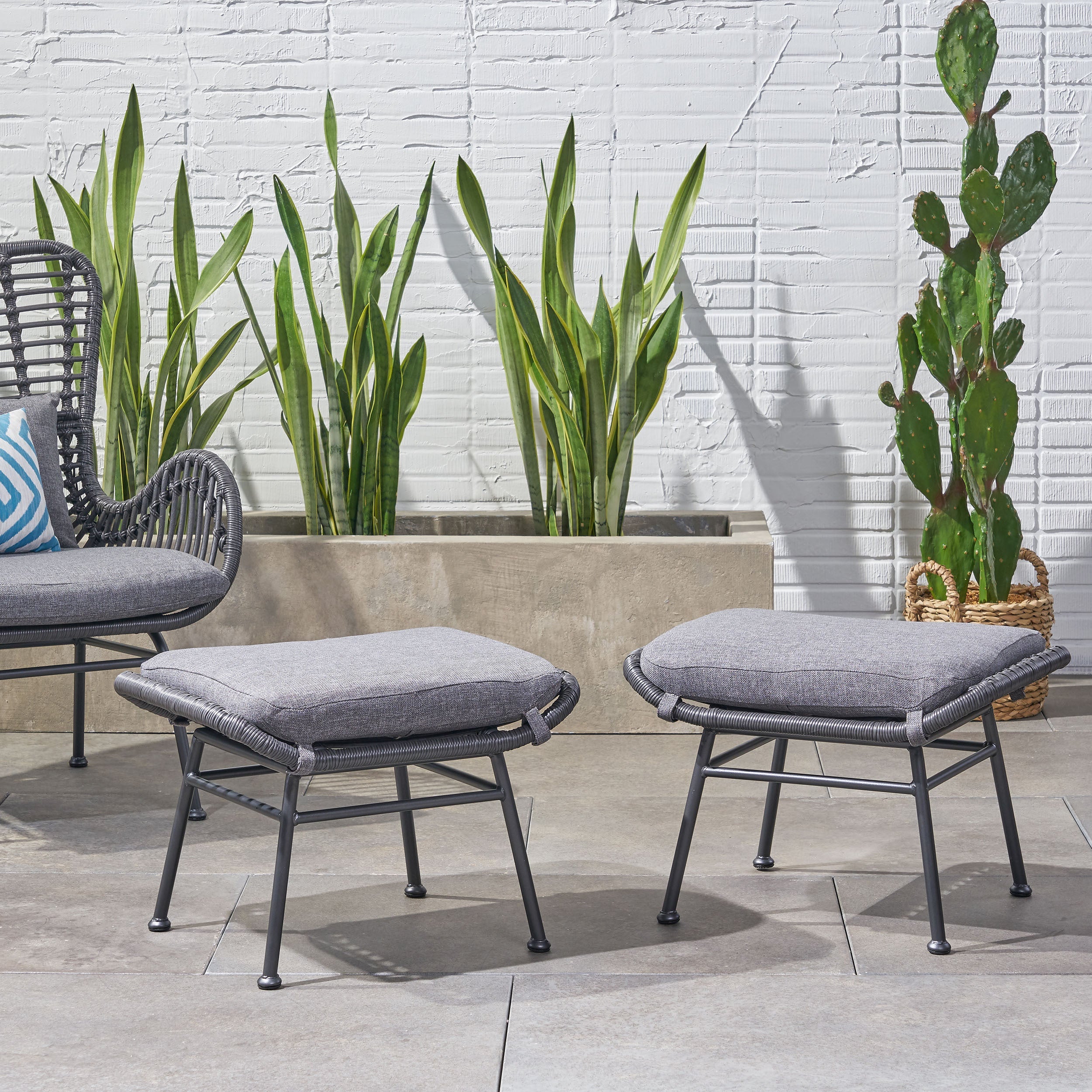Cordella Outdoor Modern Boho Wicker Ottoman with Cushions, Set of 2