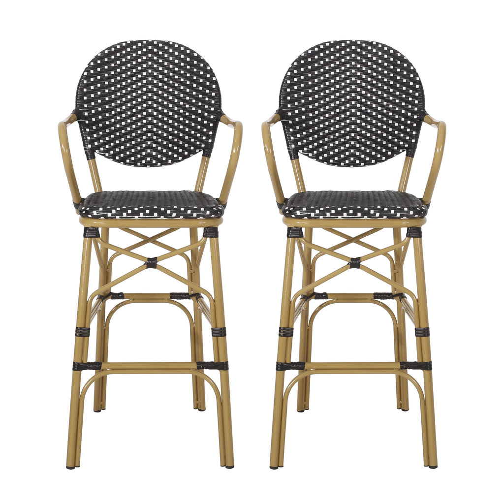 Valorous Outdoor Wicker Bar Stool with Round Back and Curved Arms, Set of 2