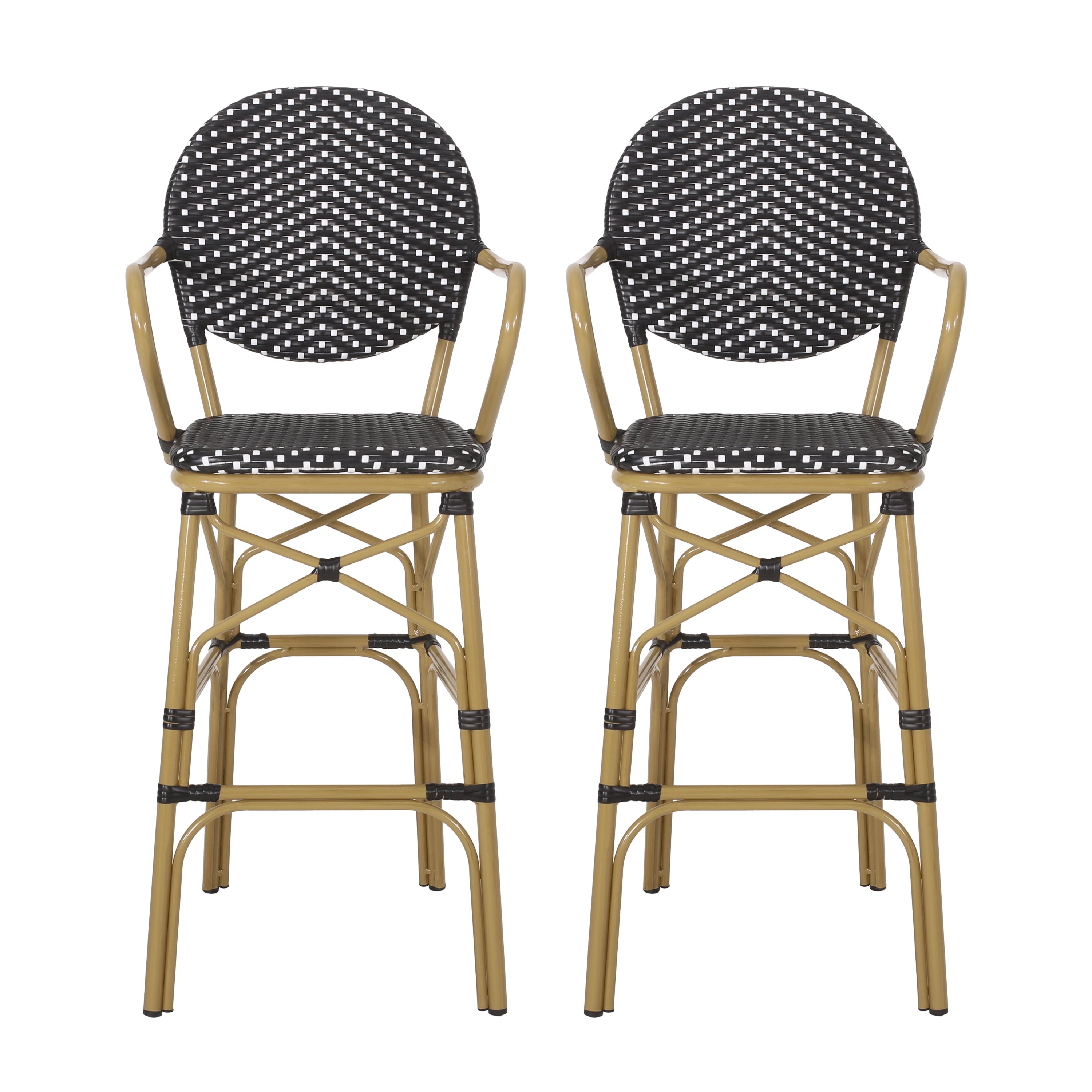 Valorous Outdoor Wicker Bar Stool with Round Back and Curved Arms, Set of 2