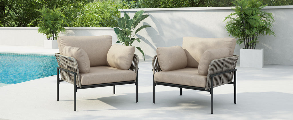Brisa Outdoor Modern Iron Lounge Chair with Rope Weave