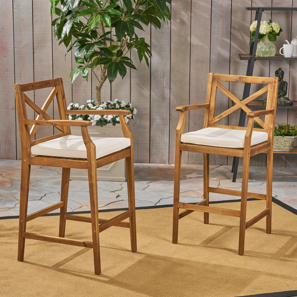 Perla Outdoor Acacia Wood Barstools, Set of 2