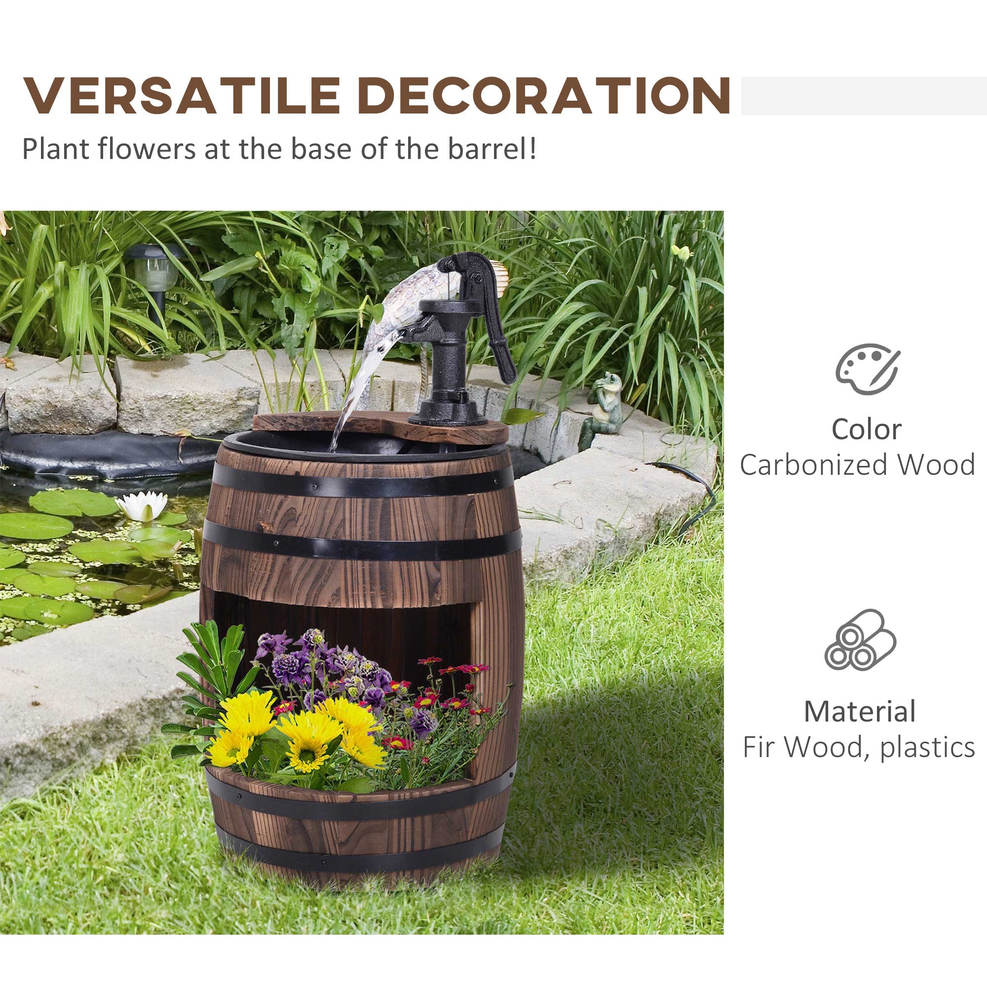 23" H Outdoor Water Fountain Wood and Plastic Rustic Apple Barrel Pump