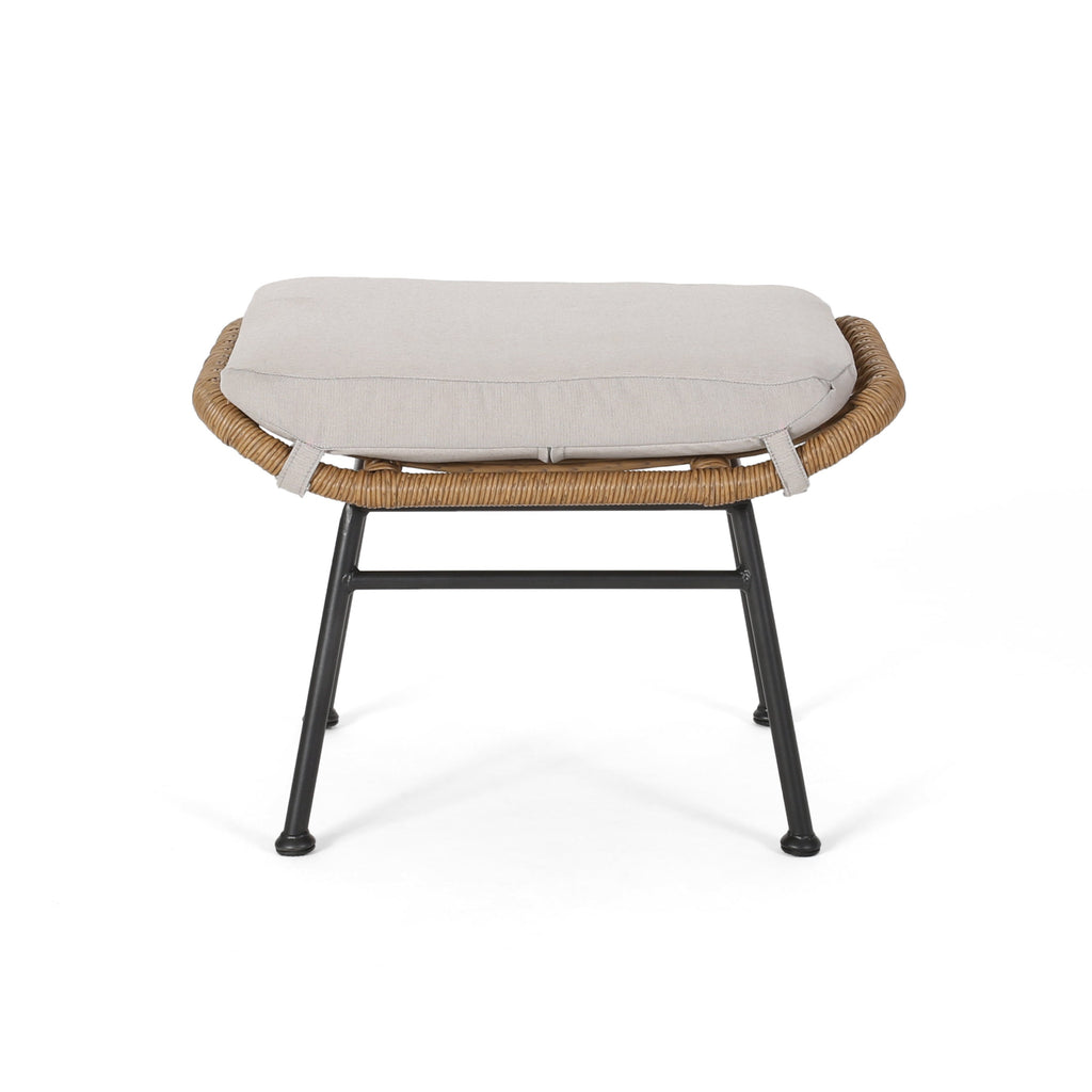 Cordella Outdoor Modern Boho Wicker Ottoman with Cushions, Set of 2