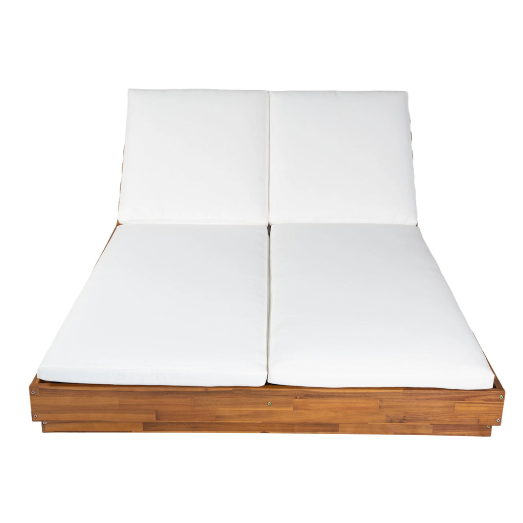 Adjustable Acacia Wood Low-Profile Double Sunlounge with Cushion