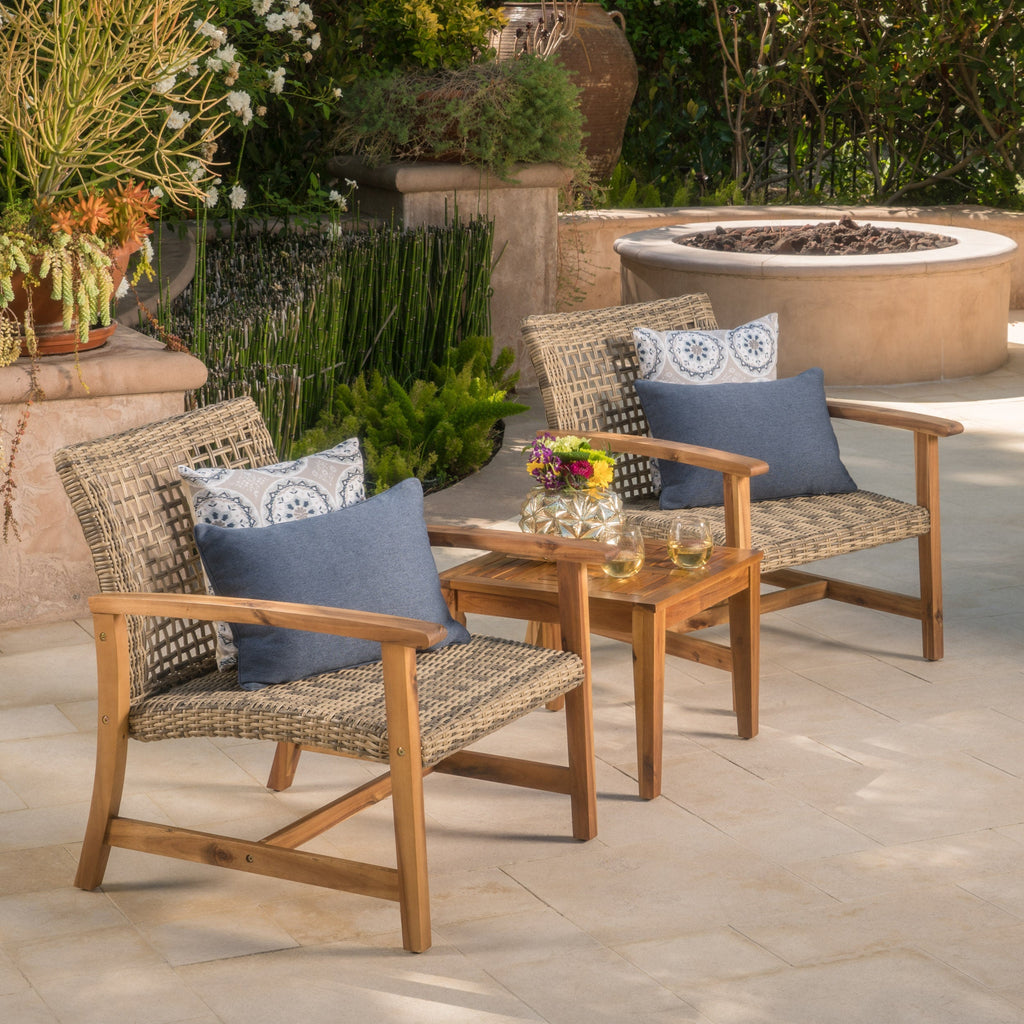 Hampton Outdoor Rattan & Acacia Wood Wicker Club Chairs, Set of 2