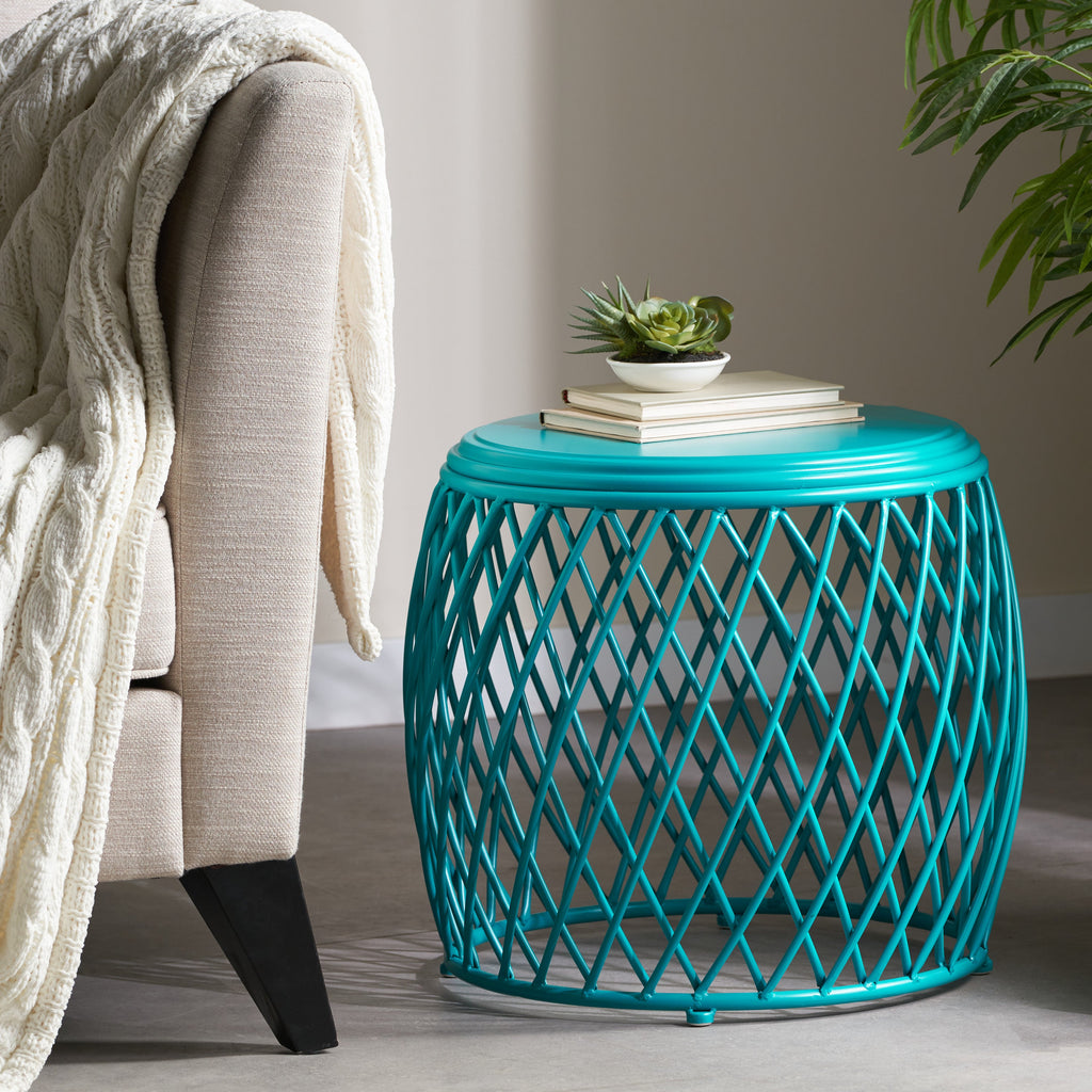 Coveted 19.75" Outdoor Cylindrical Iron Side Table with Lattice Design