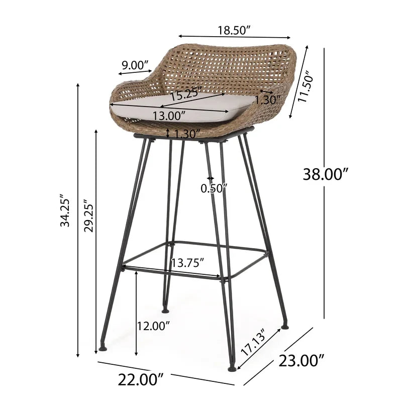 29.25" Outdoor Wicker Bar Stool with Hairpin Legs and Low Back, Set of 2