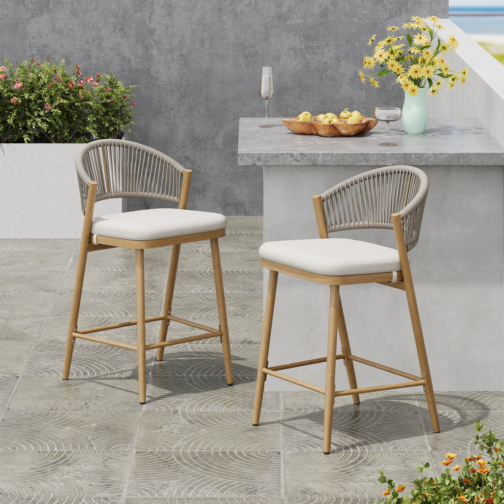 Outdoor Metal Frame Stools with Scallop-Shaped Backrest & Water-Resistant Cushions, Set of 2