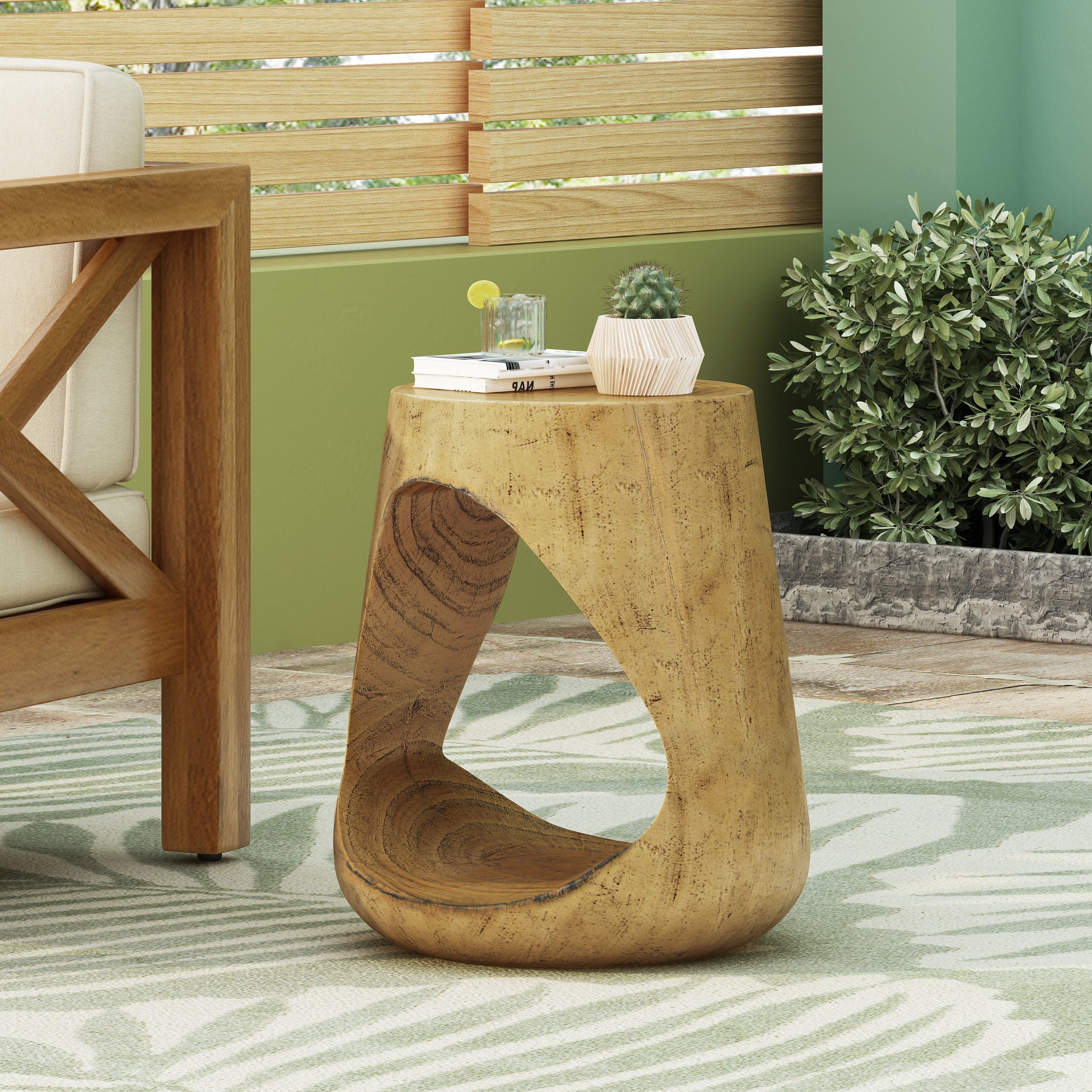 Outdoor Hollow Side Table with Wood-like Texture