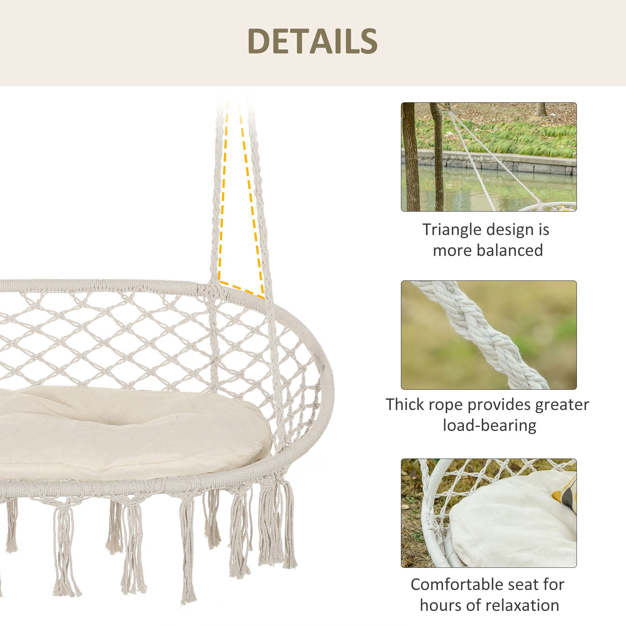 Visioned Outdoor Hanging Hammock Swing Chair with Macrame Design and Soft Cushion
