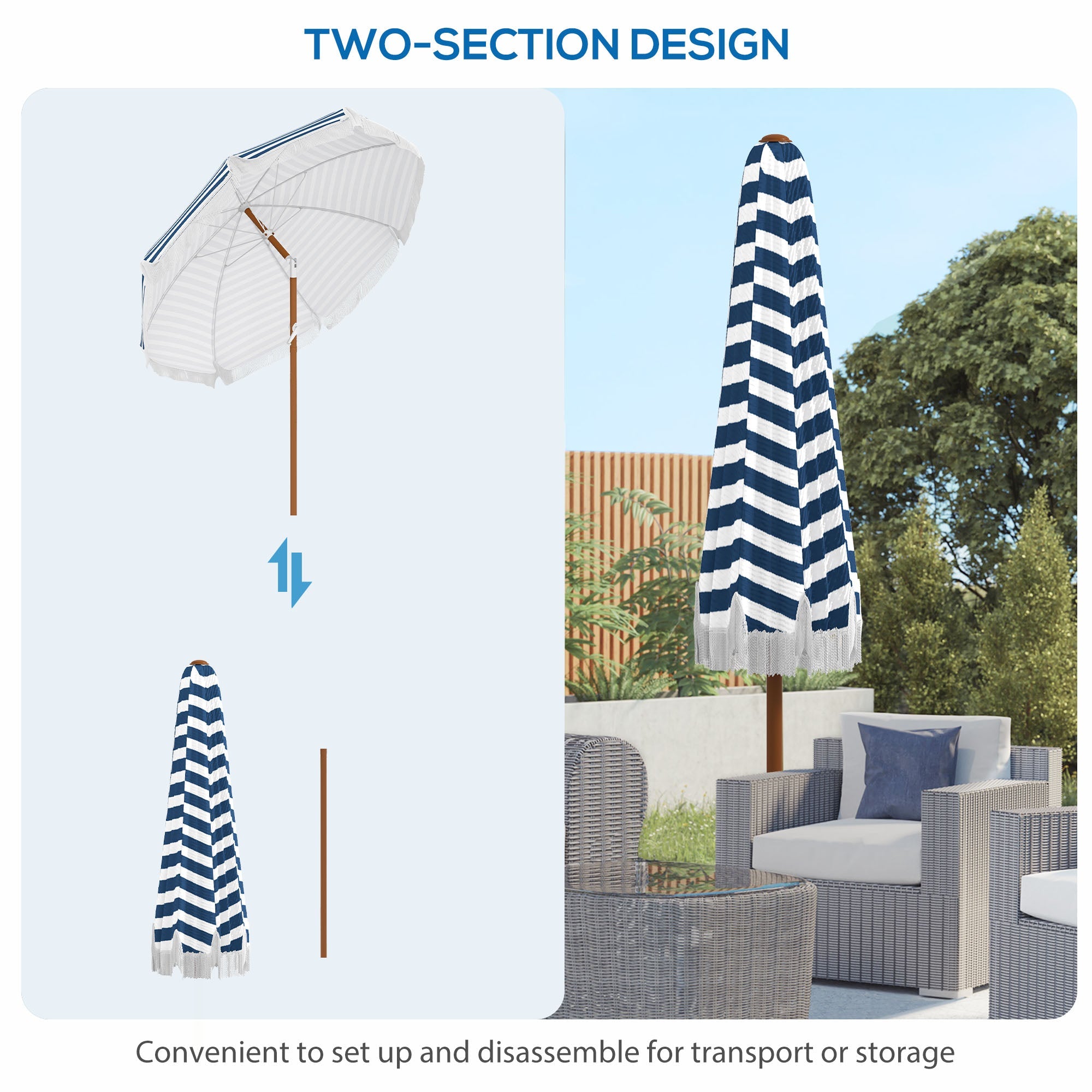 7' Nautical Stripe & Fringe Outdoor Patio Umbrella with Tilt