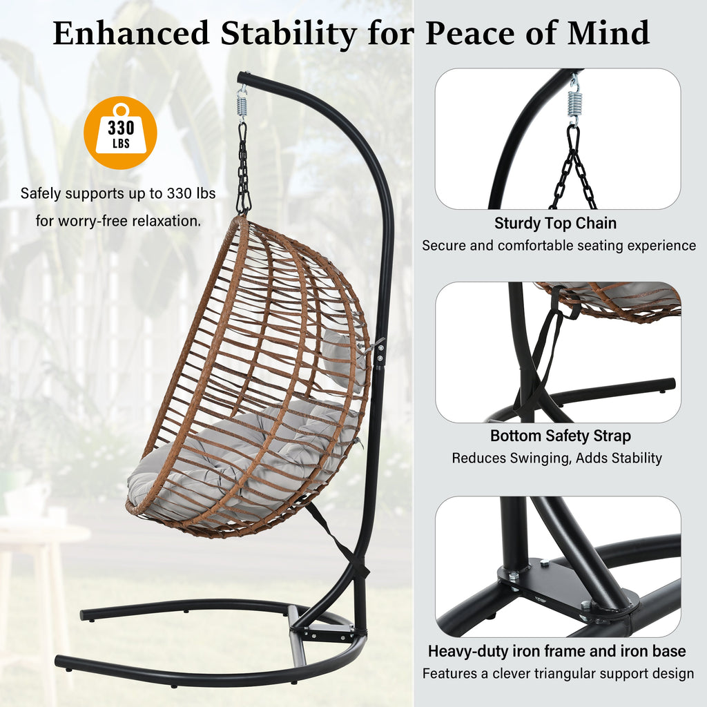 Folding Hanging Swinging Egg Chair with Stand & Tufted Cushion