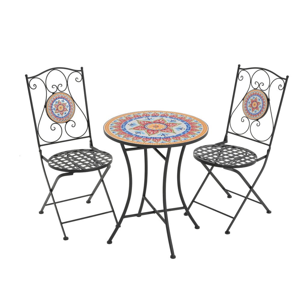 3-Piece Outdoor Chat Set with Ornate Open Scroll Pattern and Ceramic Table Top