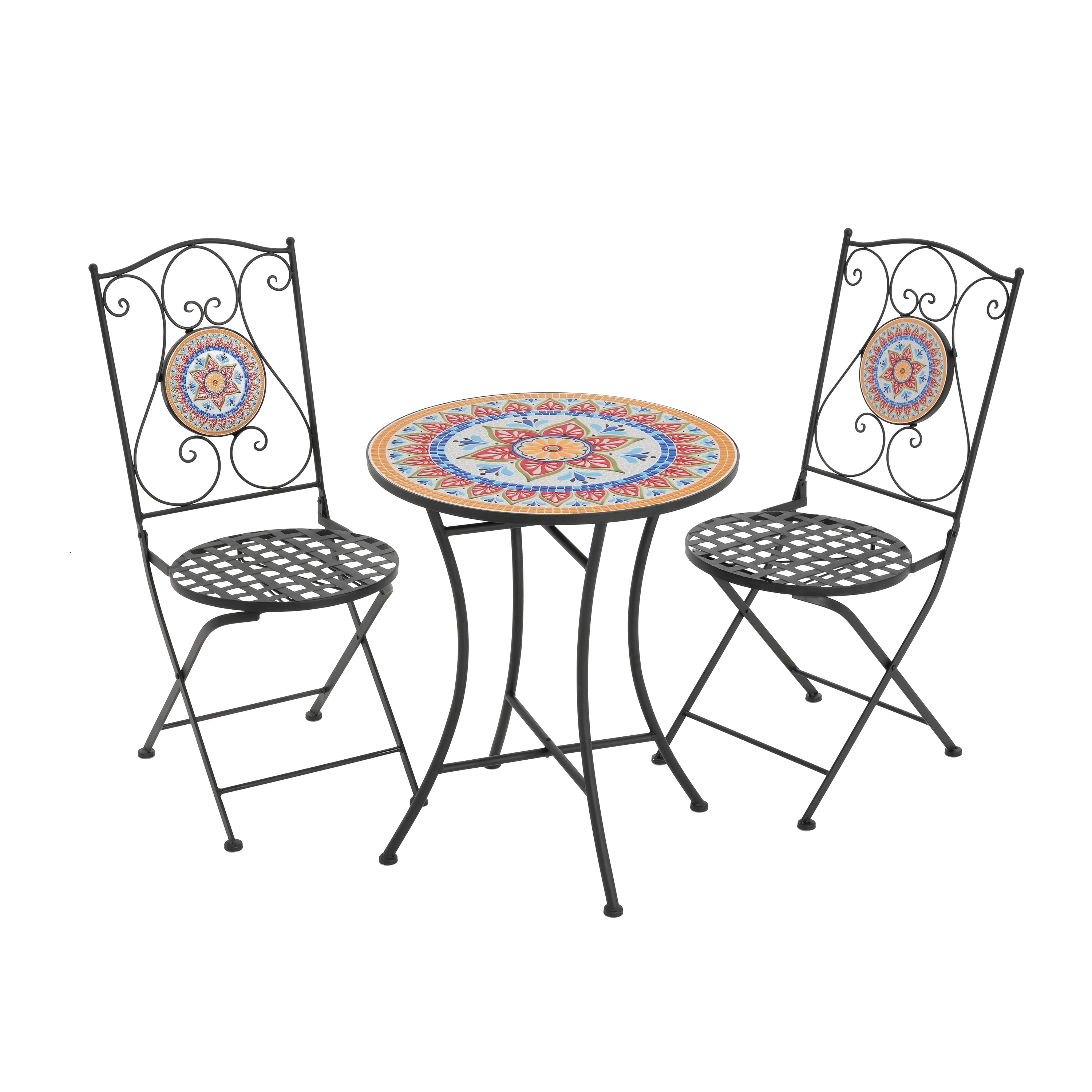 3-Piece Outdoor Chat Set with Ornate Open Scroll Pattern and Ceramic Table Top