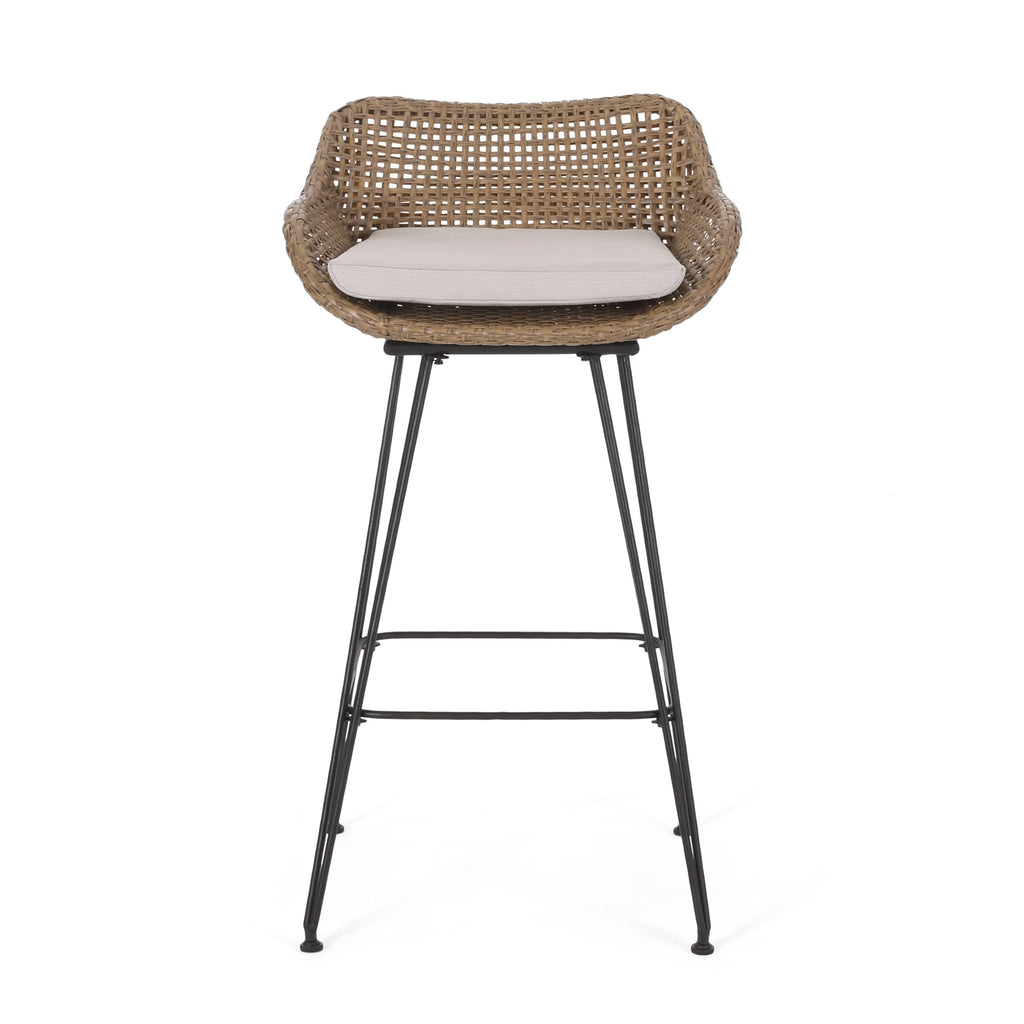 29.25" Outdoor Wicker Bar Stool with Hairpin Legs and Low Back, Set of 2