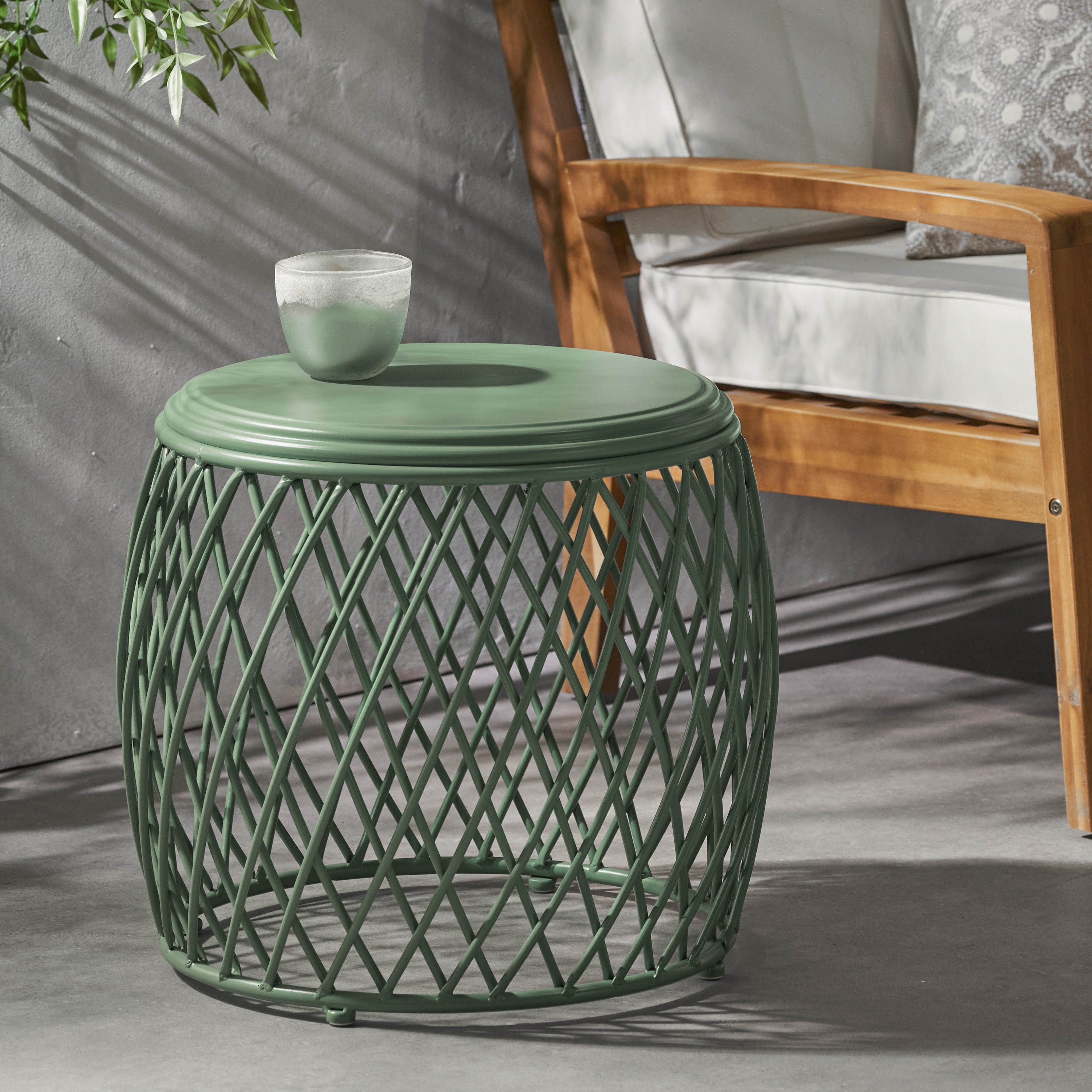 Coveted 19.75" Outdoor Cylindrical Iron Side Table with Lattice Design