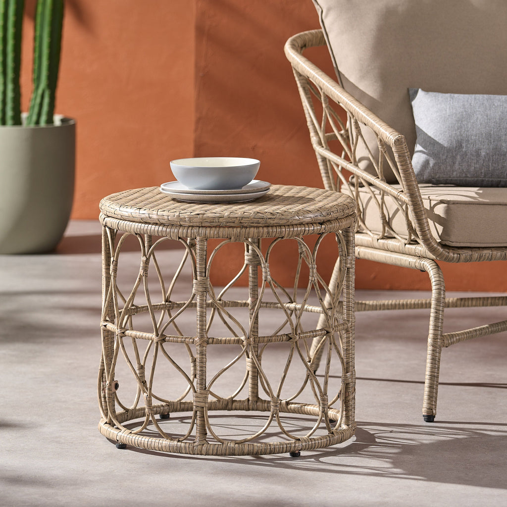 Cultured Outdoor Side Table with Wicker Weave Top and Looped Design