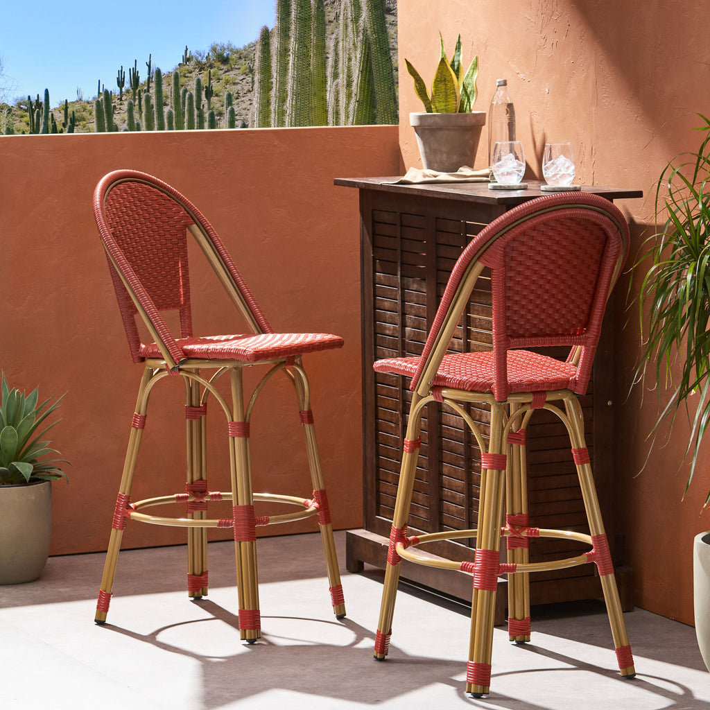 Callisto 29.5" Outdoor Rattan and Aluminum Bar Stool with Curved Back and Footrest