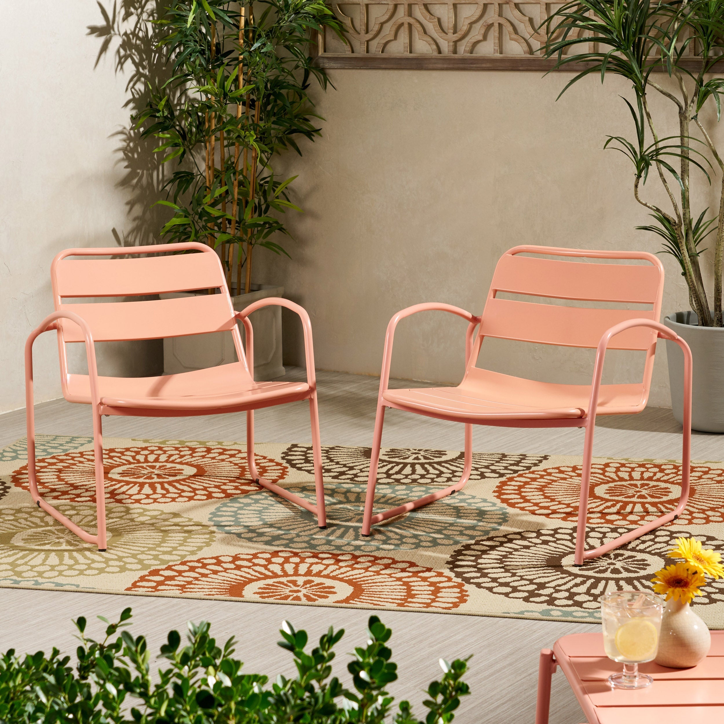 Outdoor Iron Chair with Open Slat Design and Curved Arms, Set of 2