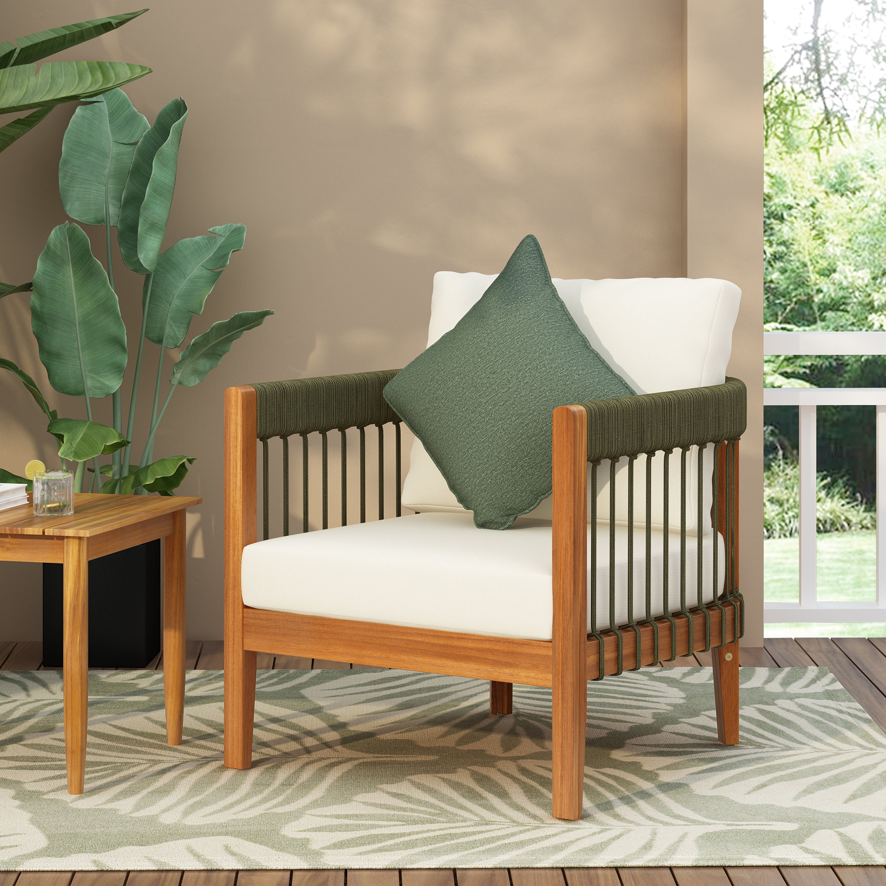 Azari Outdoor Acacia Wood Club Chair with Handwoven Rope Accents & Curved Backrest