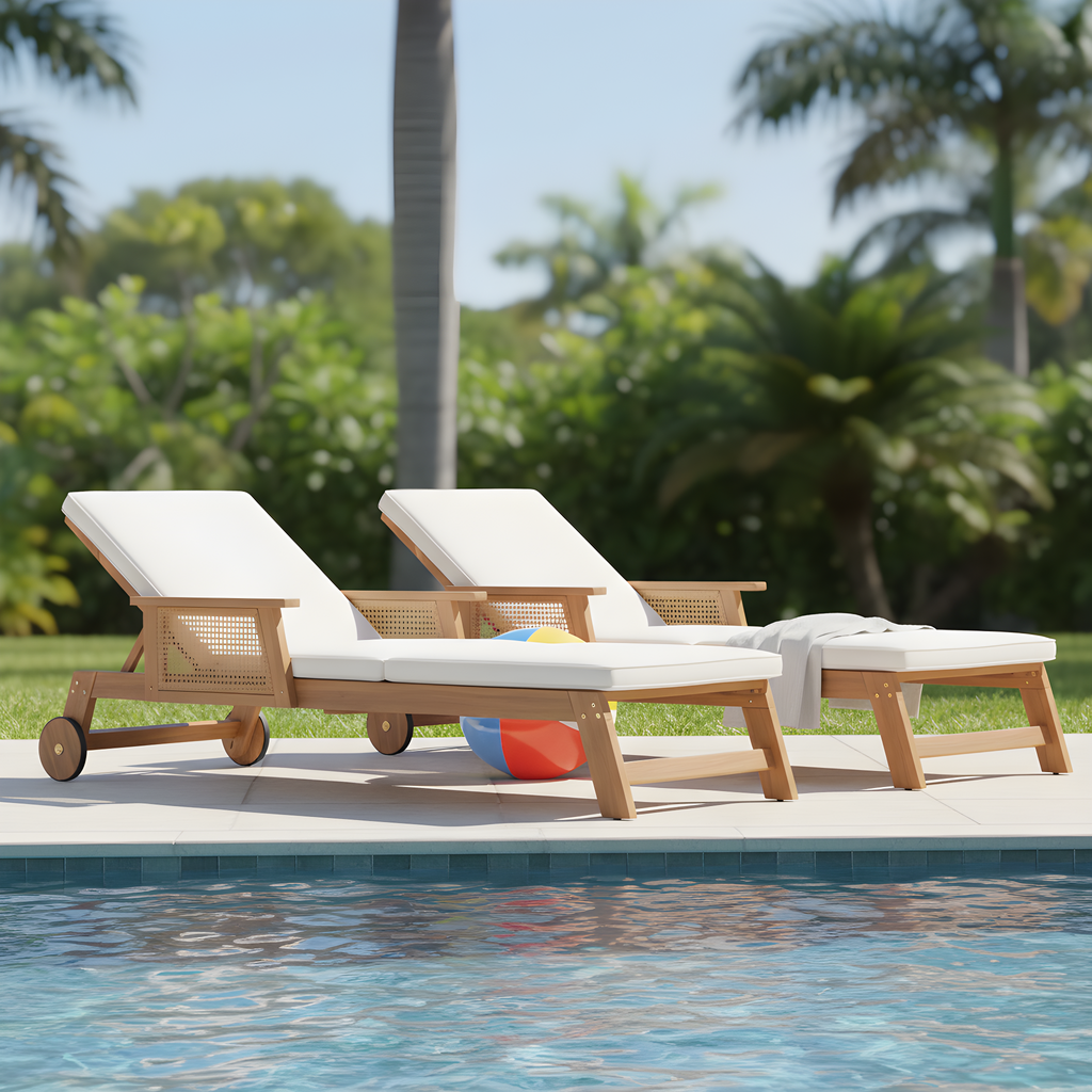 Retro Acacia Wood Outdoor Sunlounge with Wheels & 3-Position Backrest