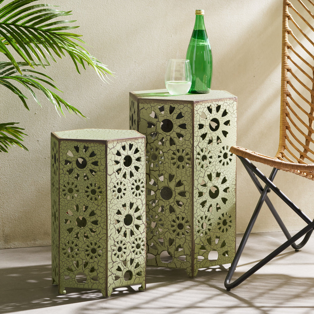 Eliana Iron Outdoor Side Table Set with Sunburst Cut Out