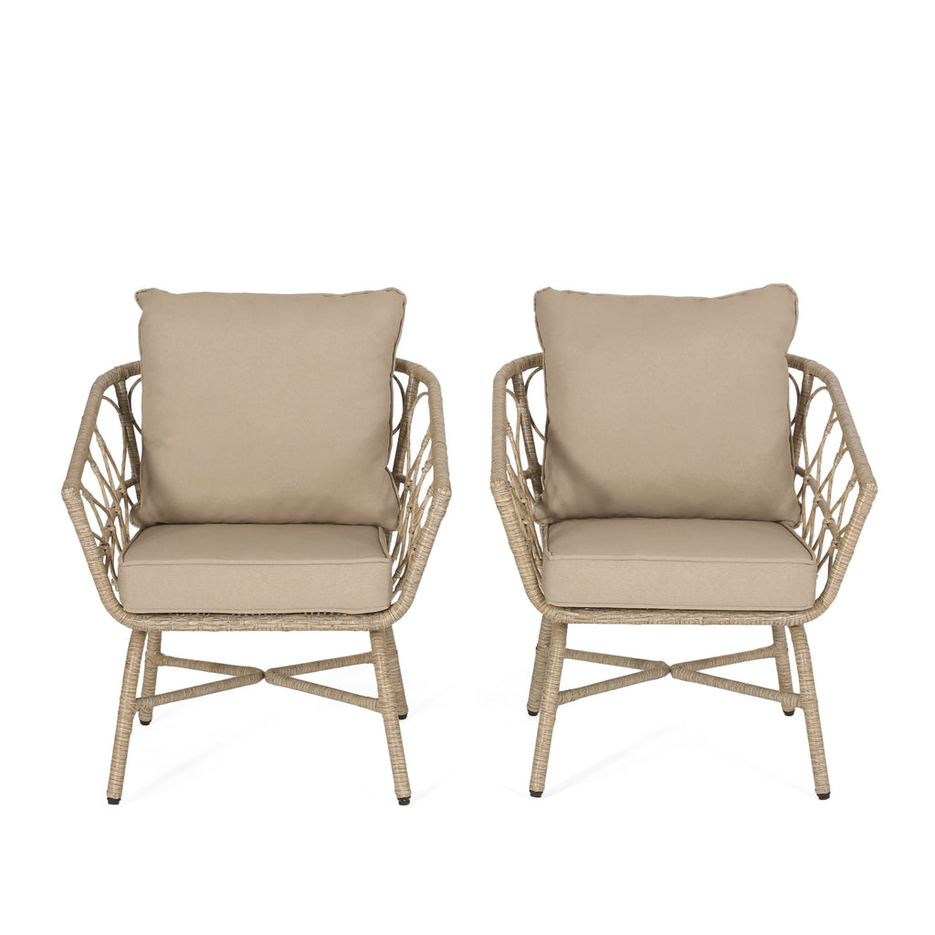 Zircon Outdoor Club Chair with Woven Wicker Weave Design and Back Cushion, Set of 2