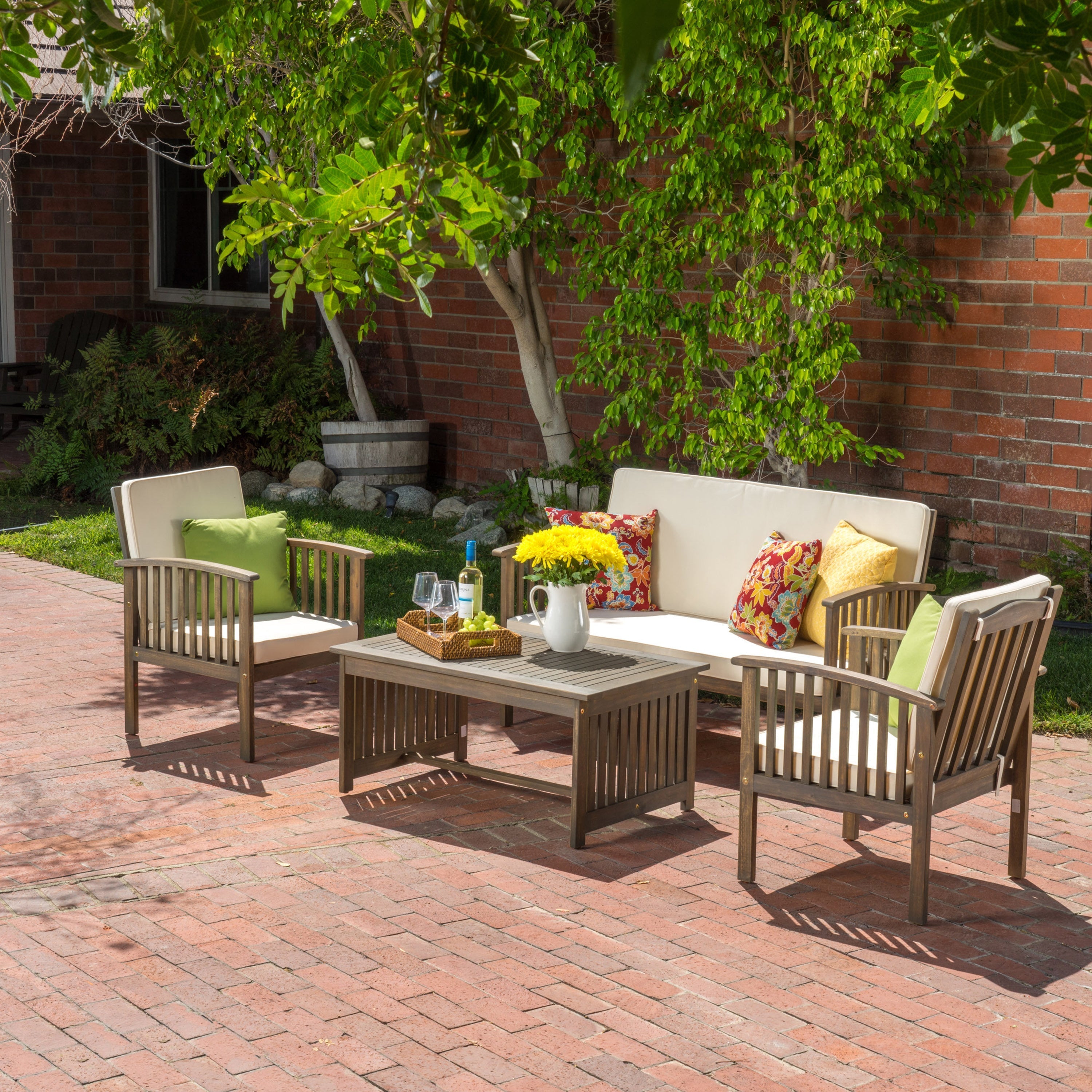 Tidewell 4 Piece Acacia Wood Outdoor Chat Set with Water-Resistant Cushions