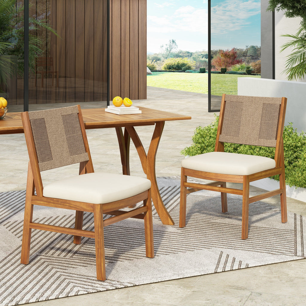 Monica Outdoor Wood and Wicker Woven Dining Chair with Cushions, Set of 2