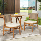 Monica Outdoor Wood and Wicker Woven Dining Chair with Cushions, Set of 2