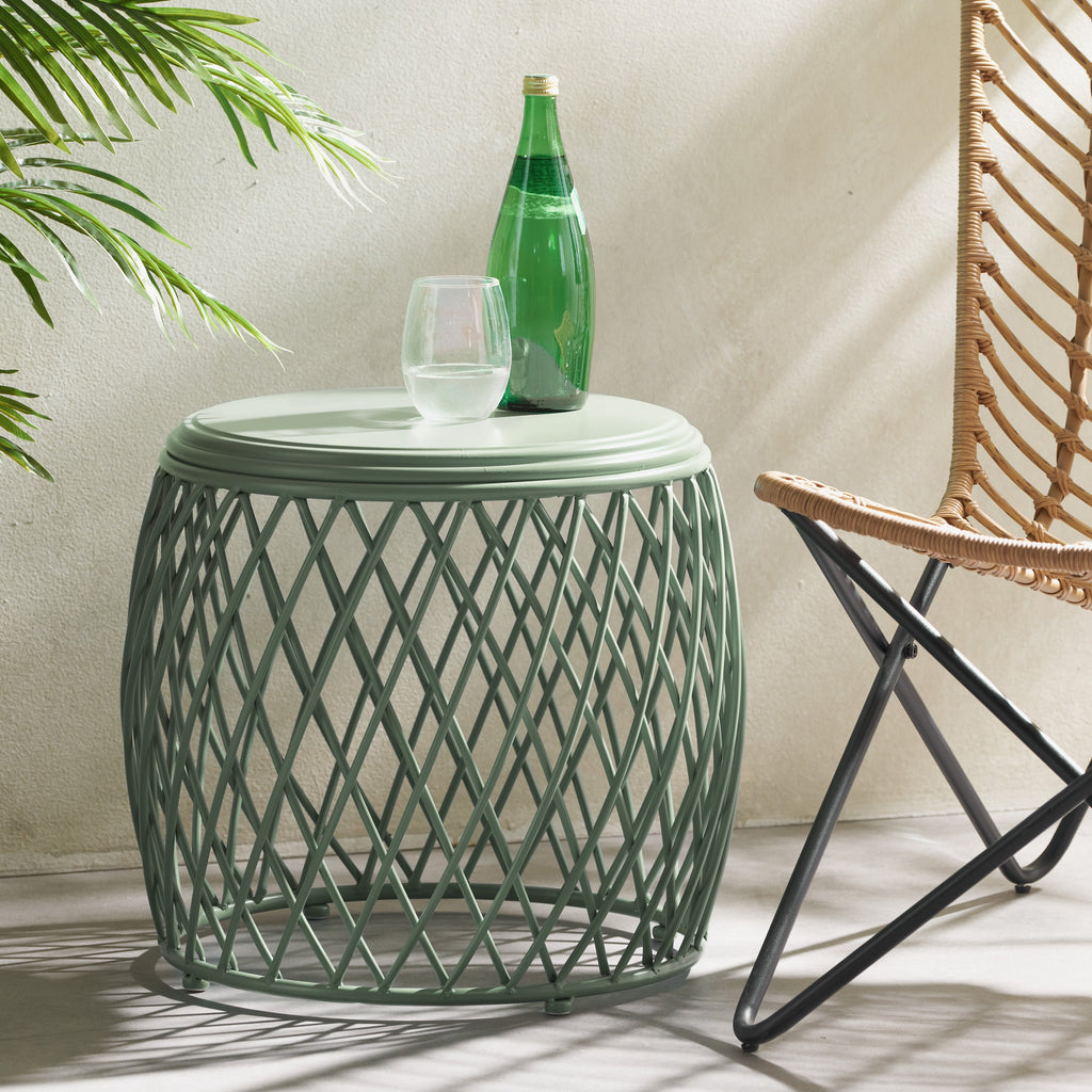 Coveted 19.75" Outdoor Cylindrical Iron Side Table with Lattice Design
