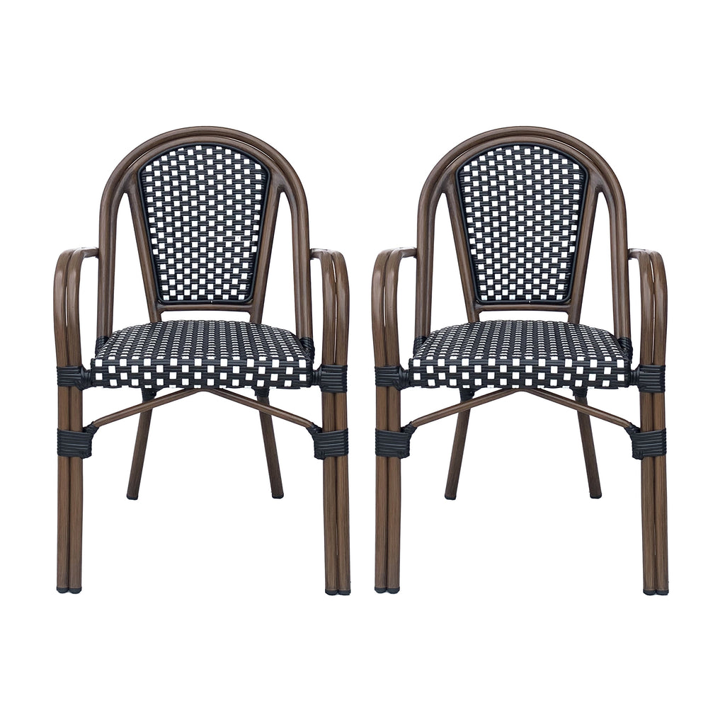Crowned Wicker Bistro Chair with Checkered Pattern and Curved Arms, Set of 2