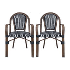 Crowned Wicker Bistro Chair with Checkered Pattern and Curved Arms, Set of 2