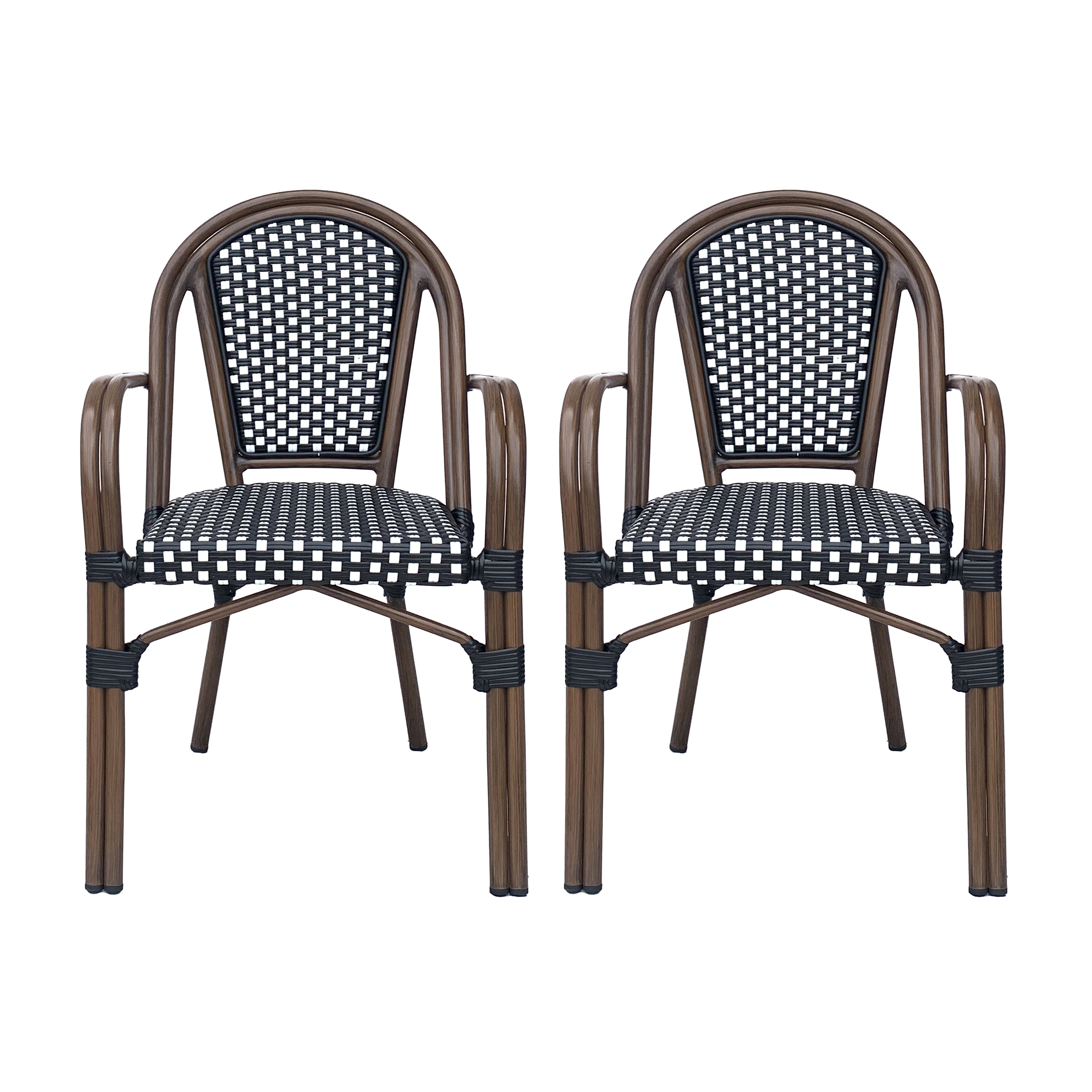 Crowned Wicker Bistro Chair with Checkered Pattern and Curved Arms, Set of 2
