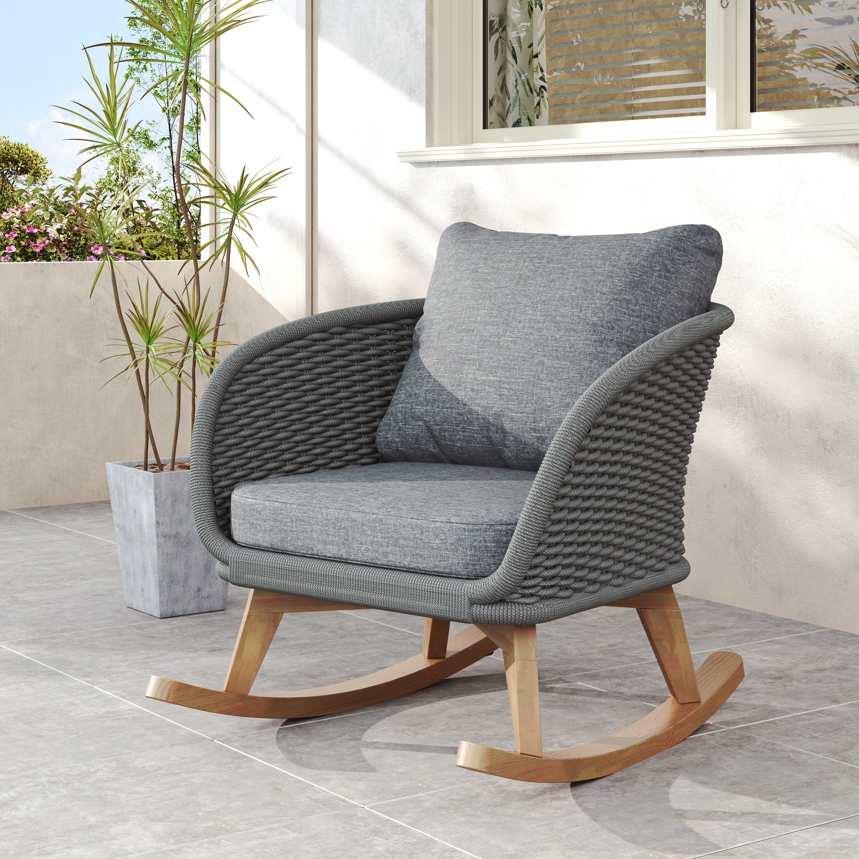 Contemporary Minimalist Wicker Rocking Chair with Cushions