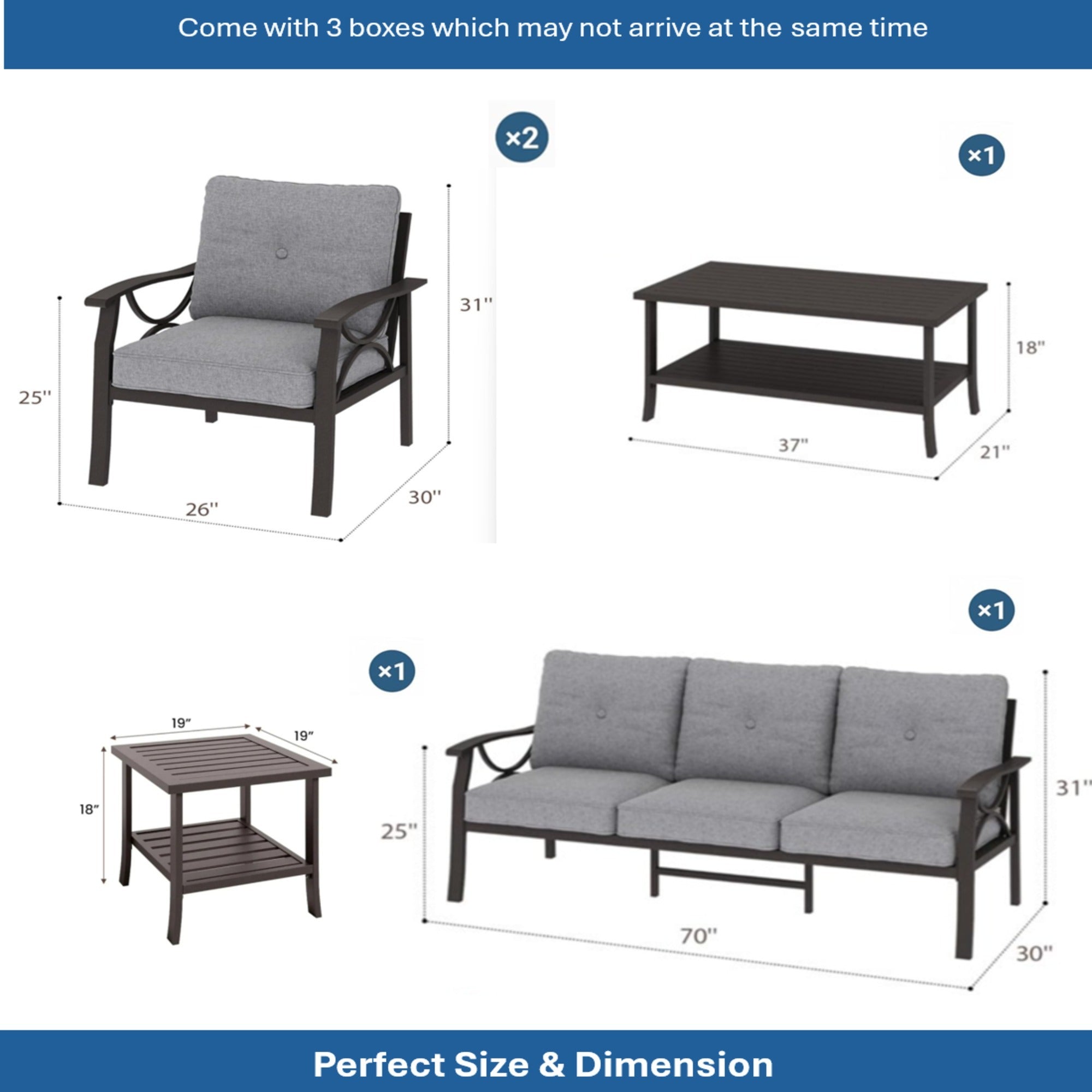 Marisol 5 Piece Metal Patio Furniture Set with 3 Seater Sofa